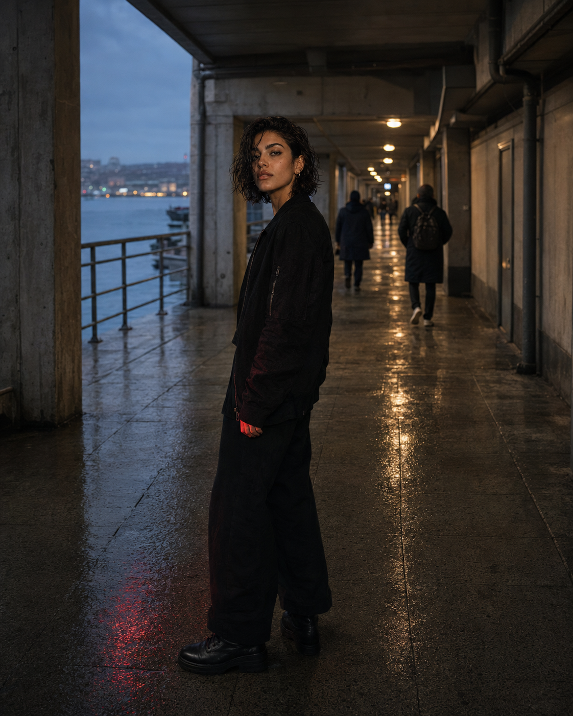 RED in a London passage at dusk, with commuters moving behind her and a restrained red reflection